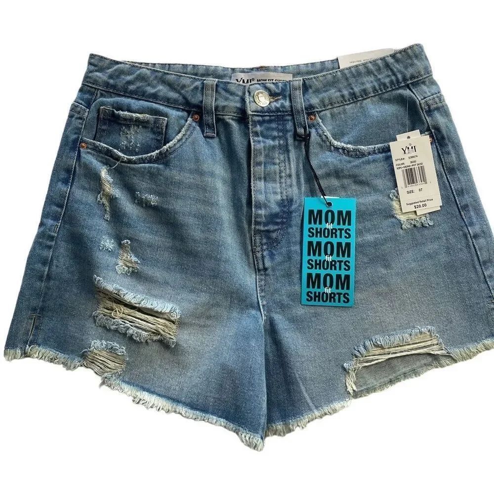 YMI Juniorsâ SIZE 7/28 Distressed High Waisted Mom Shorts